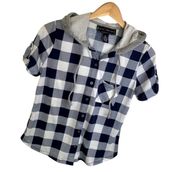 POLLY & ESTHER | Blue & White BUTTON DOWN HOODED SHORT SLEEVE SHIRT SIZE M - Picture 1 of 7